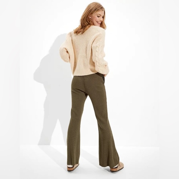 AE Waffle Super High Waisted Flare Pants Olive Green Drawstring Women’s Sm NWT - Picture 2 of 9